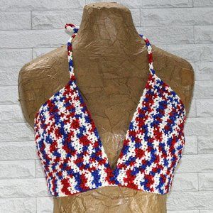 HAND CRAFTED Cropped Top Patriotic Crochet Bikini Festival Red White Blue